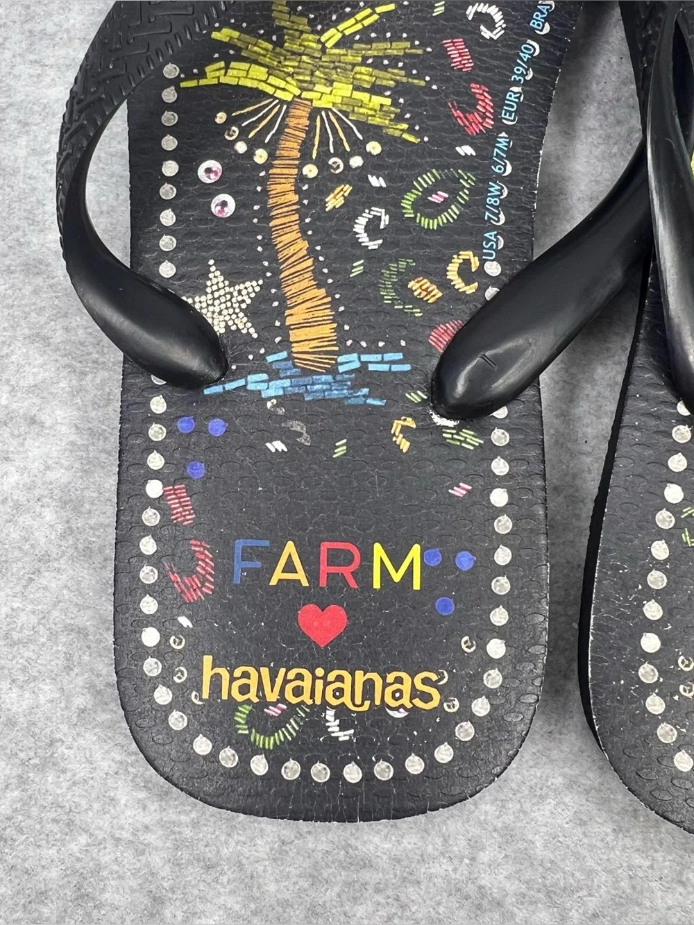 Farm Rio Black Multi Sandal in Black Havaianas Thong Flip Flops Women’s Size 7/8 - Picture 9 of 16